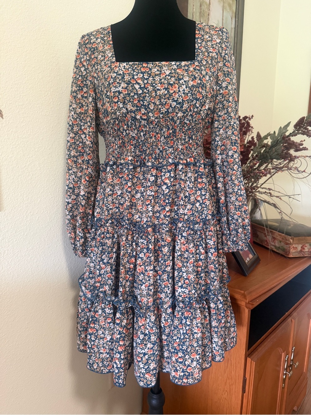 Pink Lily Navy and Coral Floral Square-Neck Long-Sleeve Tiered Dress